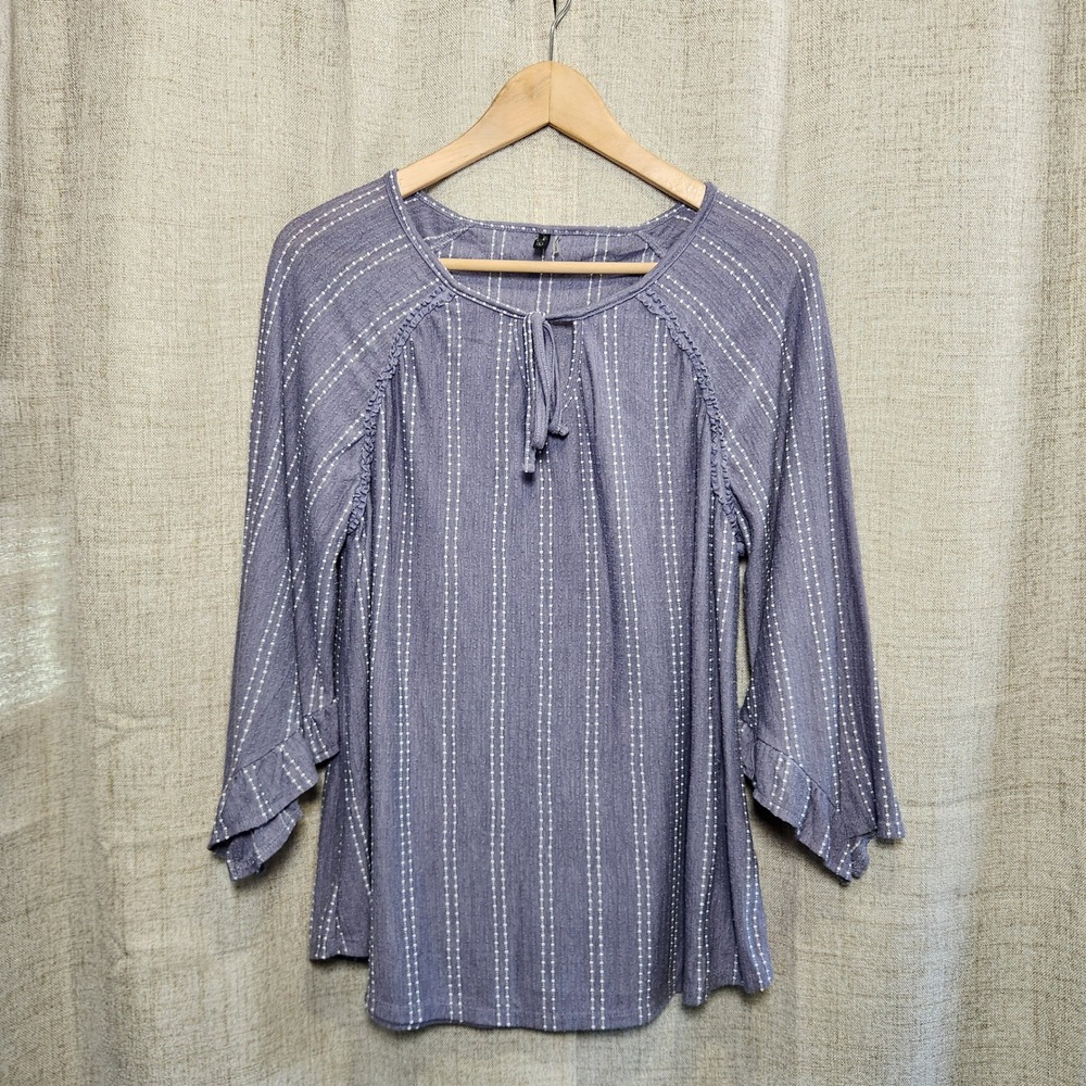 North River Pullover Blouse Women's L Blue‎ Textured 3/4 Sleeve Keyhole Tie Neck